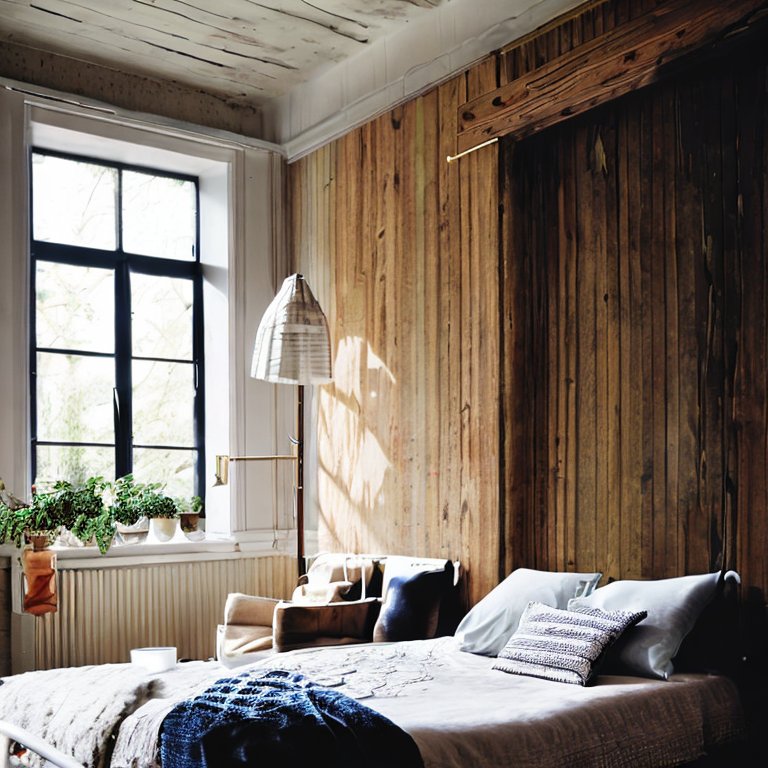 Chambre avec des matériaux naturels : Bois, lin et coton.