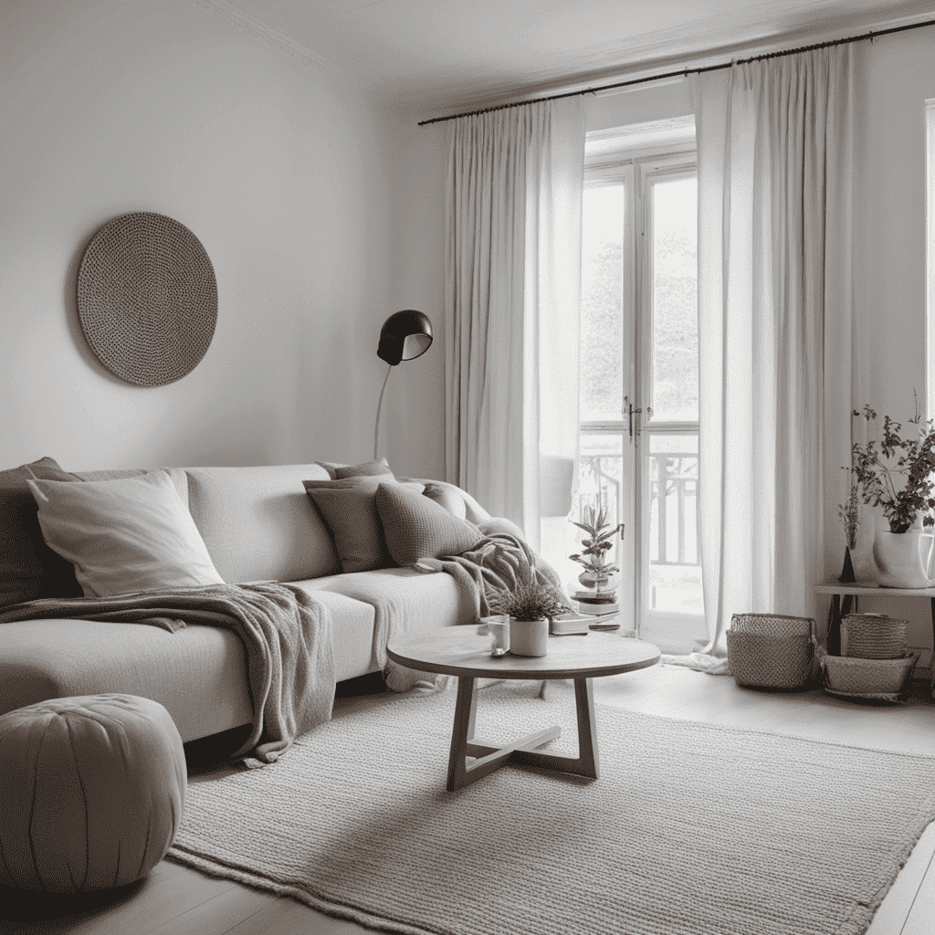 un salon épuré avec un canapé et des rideaux en coton